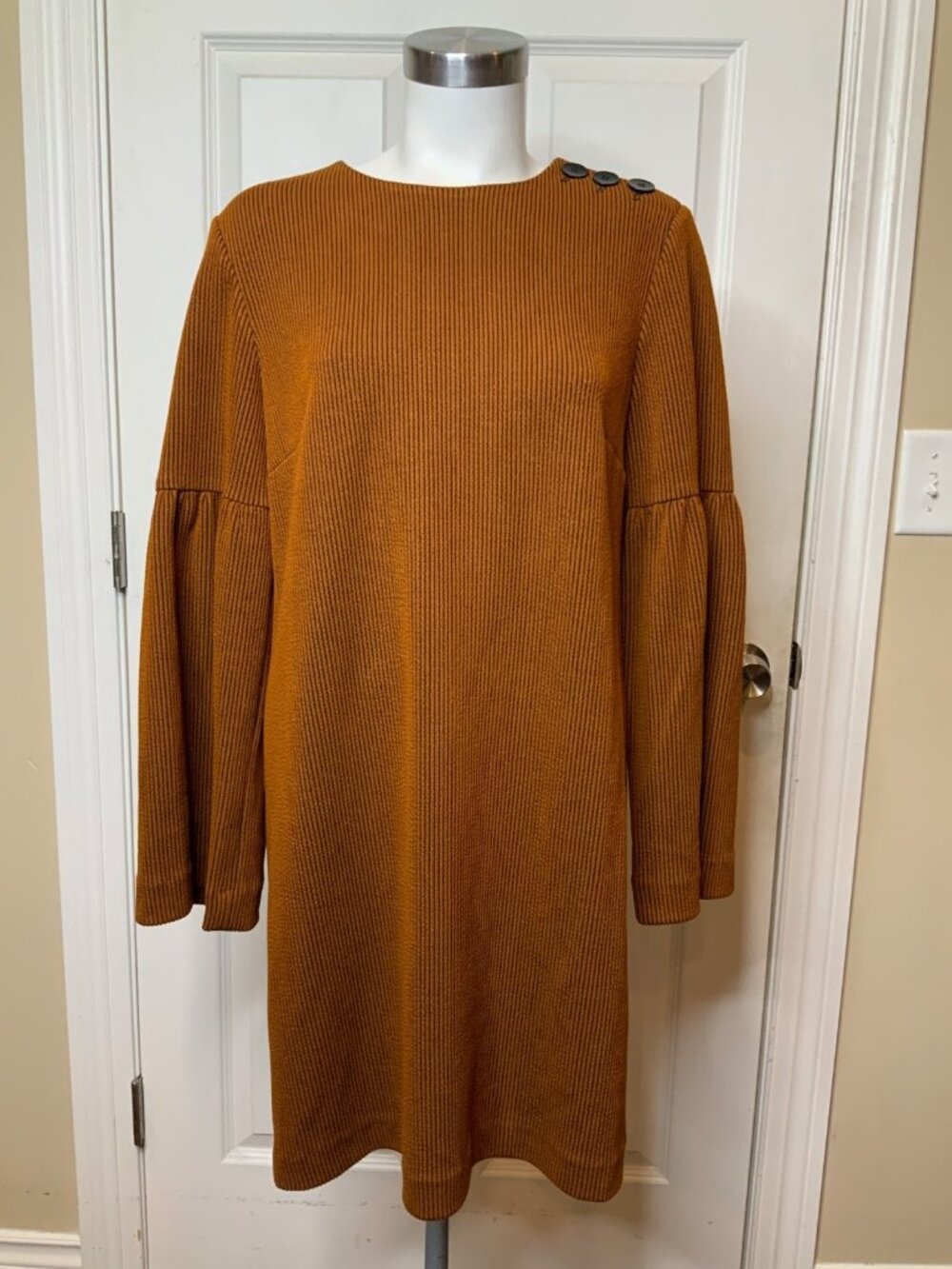 Tibi Brown Ribbed Flare Sleeve Button Shoulder Shift Dress, Size M